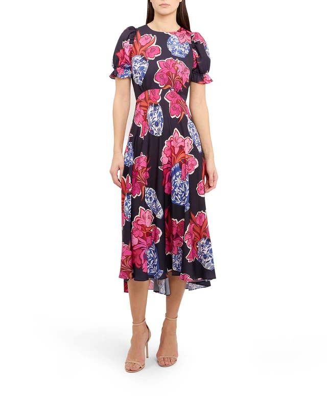 Ted Baker London SAUZAL-Midi Tea Dress with Puff Sleeve, Navy