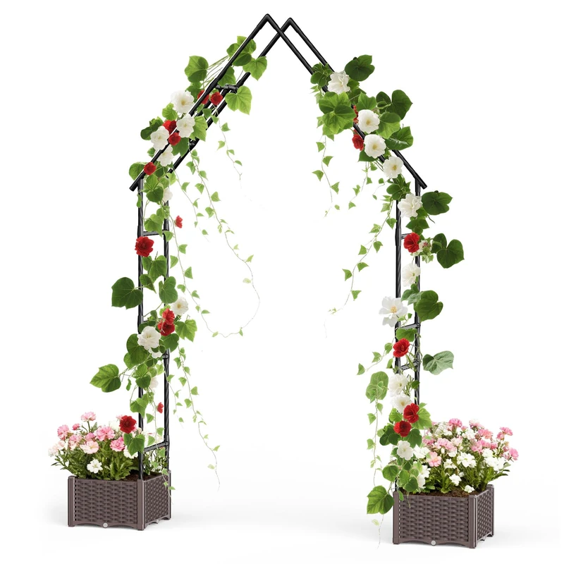 GarveeHome Metal Rose Arch with 2 Flower Boxes, Sturdy Garden Arch, Archway as Trellis, Trellis, Pergola for Roses, Climbing Plants, Ideal for Garden, Wedding, Party Decoration