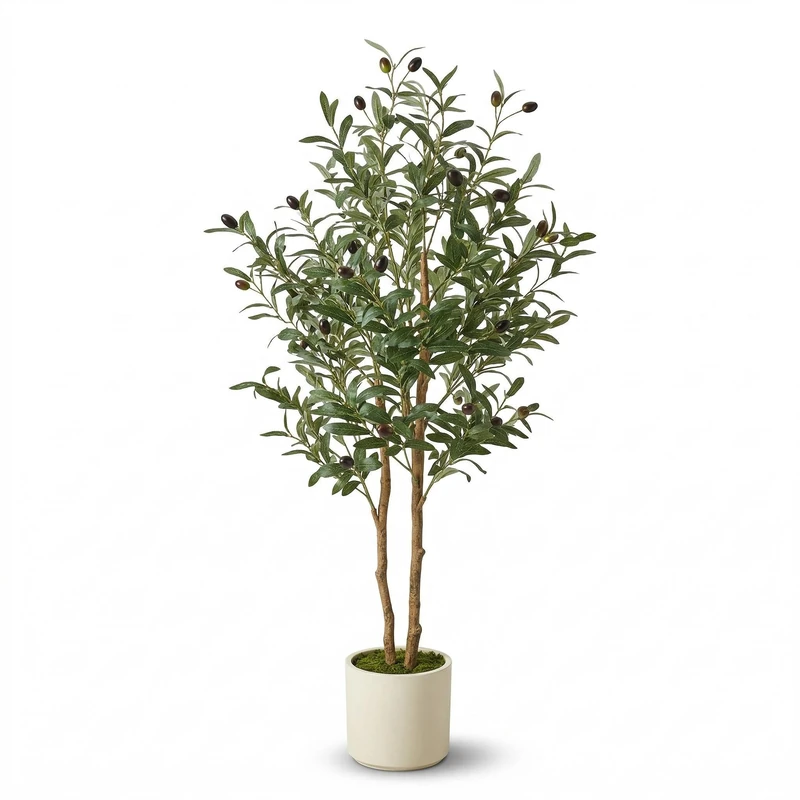 Garvee 150cm Artificial Olive Tree with Natural Trunk and Realistic Fruits - Fake Plant for Home, Office and Living Room Decoration - White Pot with Moss Included - Image 1