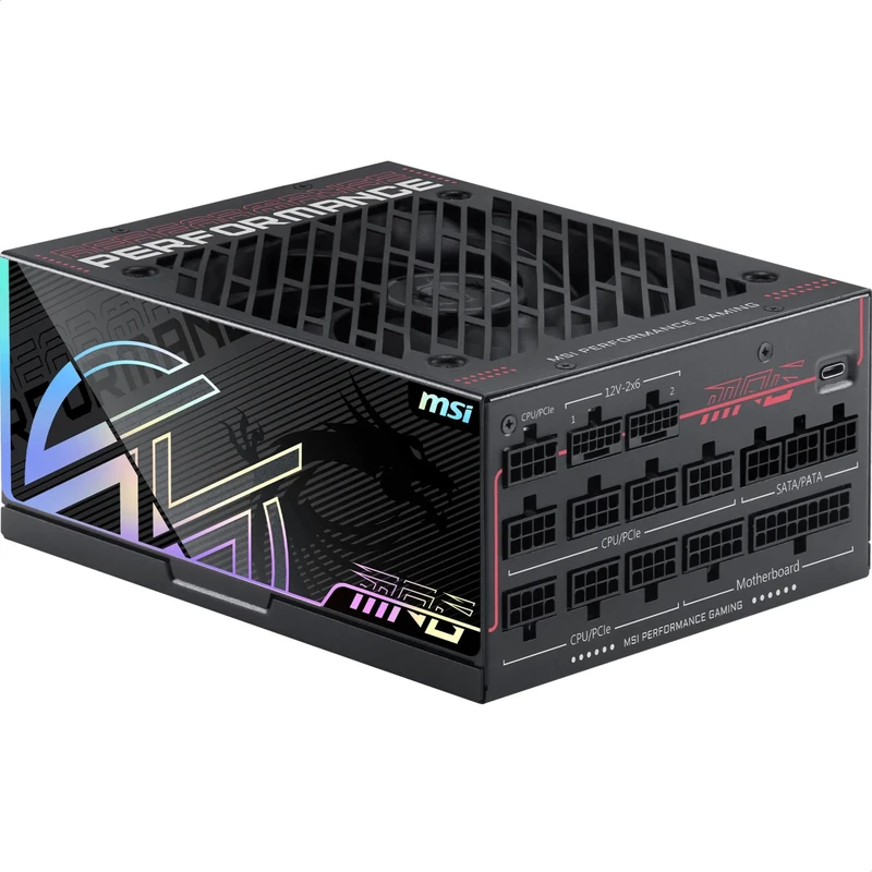 MSI MPG Ai1300TS PCIE5 Power Supply Unit, GPU Safeguard+, SiC MOSFETs, Zero fan mode with Fan Safeguard, 1300W, 80 PLUS Titanium, Dual-native 12V-2x6, Cables with Dual-color 12V-2x6 connectors