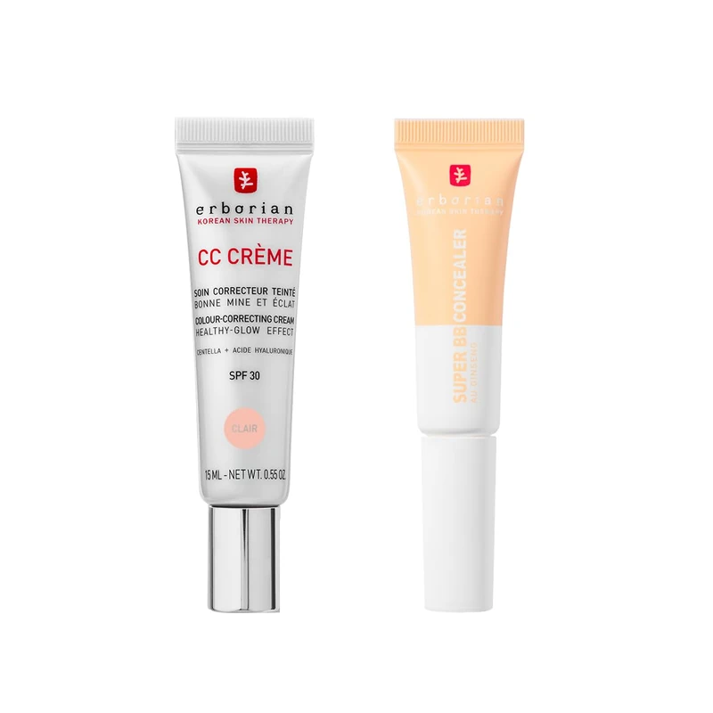 Erborian - CC Cream with Centella Asiatica Clair 15 ml - Color Correcting Cream + Super BB Concealer Nude 10 ml - High-Coverage Treatment Concealer Enriched