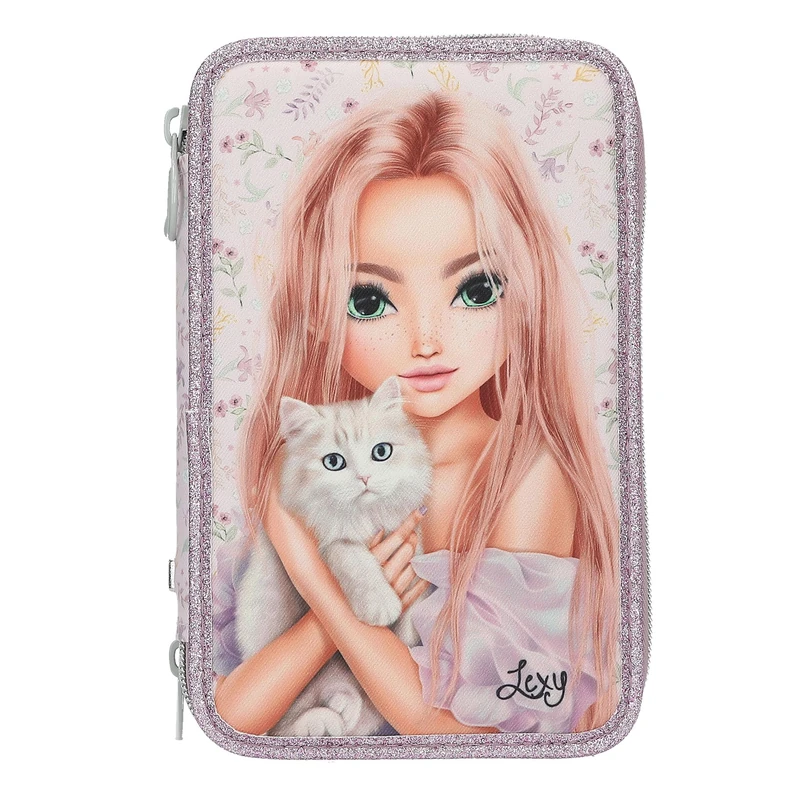 Depesche 13958 TOPModel Blooming Kitty - Filled 3-Compartment Pencil Case in Pink with Model Motif, Flower Pattern and Cat, Pencil Case with Colouring Pencils, Scissors, Ruler and Much More