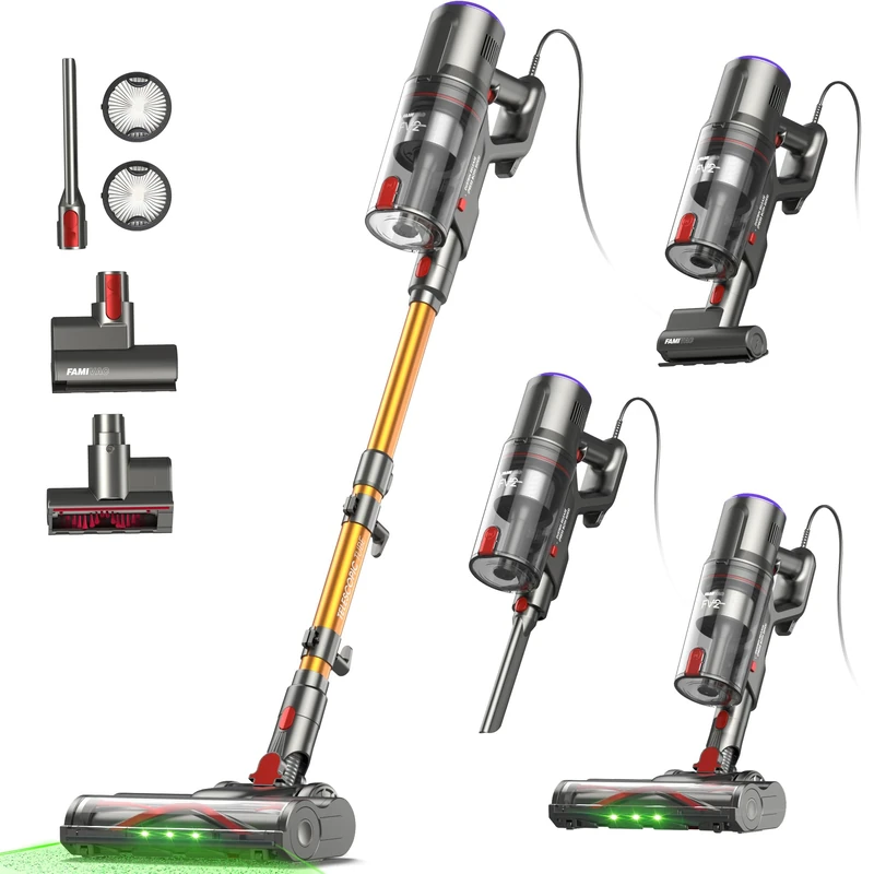 FAMIVAC FV2 Corded Vacuum Cleaner 65Kpa/600W, Powerful Hoover with Mattress Brush & Anti Hair Wrap, 1.3KG Lightweight, 7M Cord, 1.5L, GreenLight & Self-Standing Brush for Home Carpet Floor Pet Hair