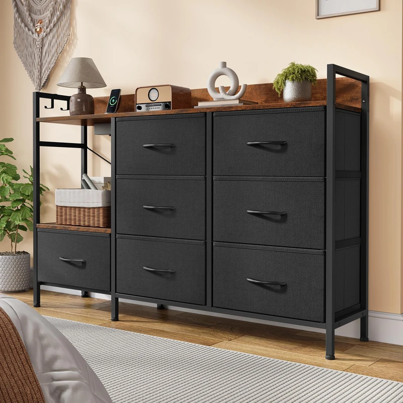 DWVO Chest of Drawers Bedroom,Dresser with 7 Fabric Drawers 2 Sockets 2 USB Ports,TV Cabinet with Side Hooks,Black