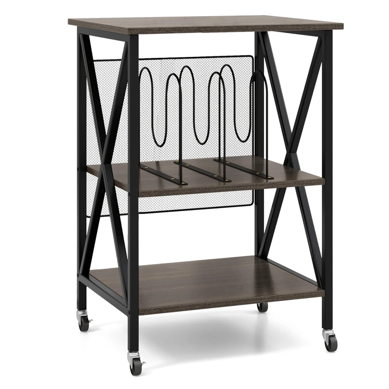 CASART Rolling End Table, 3 Tiers Wooden Record Player Stand with Wheels, X Shaped Steel Frame Sofa Side Table Narrow Classic Turntable Stand for Living Room Bedroom ((without Charging Station, Grey)