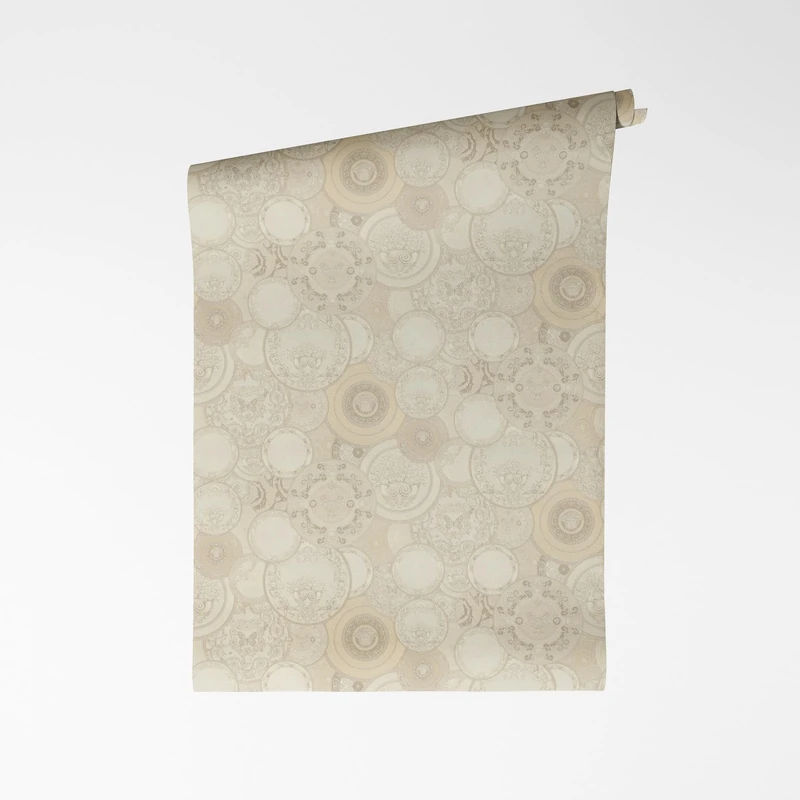 A.S. Création VERSACE VI Art De La Table 791361 Non-Woven Wallpaper - Baroque Blackboard Art Motifs, Porcelain Decor with Medusa Head, Vinyl Surface, Baroque Wallpaper, Design, 10.05 m x 0.70 m, Beige