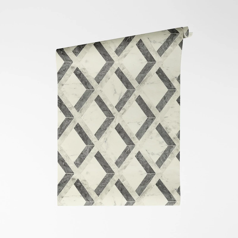 A.S. Création Versace VI Tarsia 791333 Non-Woven Wallpaper - Geometric Mosaic Design, Marble Diamonds with Logo, Vinyl Surface, Geometric Wallpaper, Graphic, 10.05 m x 0.70 m, Grey/Black