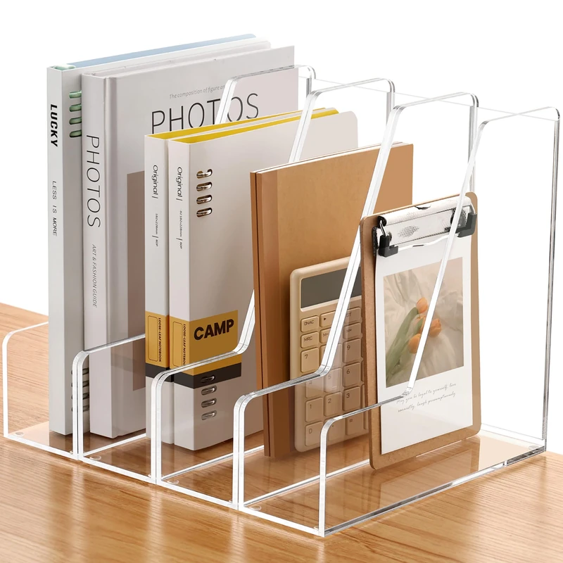 SANRUI 4 Pack Vertical File Holder, Acrylic Desk Organizer Magazine File Sorter for Magazines, Binders, Notebooks, Envelopes, Multi-purpose Clear Document Organizer Rack