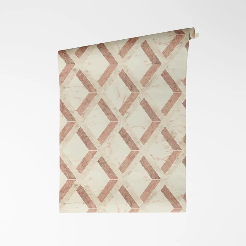 A.S. Création Versace VI Tarsia 791335 Non-Woven Wallpaper - Geometric Mosaic Design, Marble Diamonds with Logo, Vinyl Surface, Geometric Wallpaper, Graphic, 10.05 m x 0.70 m, Cream/Pink