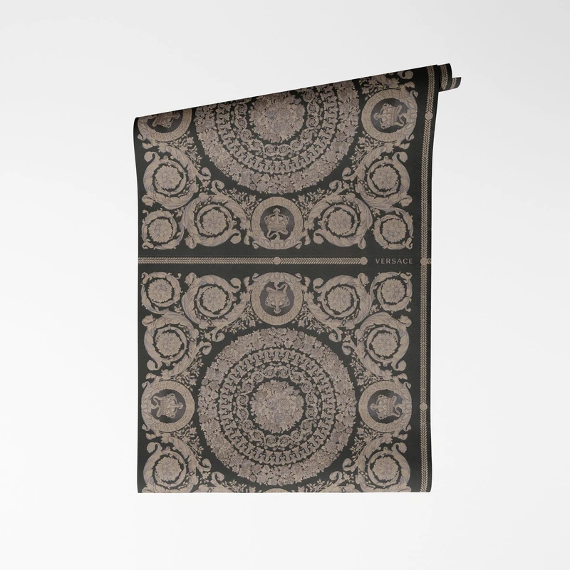 A.S. Création Versace VI Heritage Non-Woven Wallpaper - Baroque Motifs with Medusa Logo, Vines & Acantus, Vinyl Surface, Baroque Wallpaper, Geometric Wallpaper, 10.05 m x 0.70 m, Black/Beige - 791341
