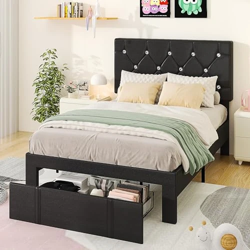 VECELO 3FT Single Bed Frame with Storage Drawer, 90 x 190cm Platform Bed with Black PU Leather Diamond Tufted Headboard, Wooden Slat Support, Space-Saving, No Box Spring Needed