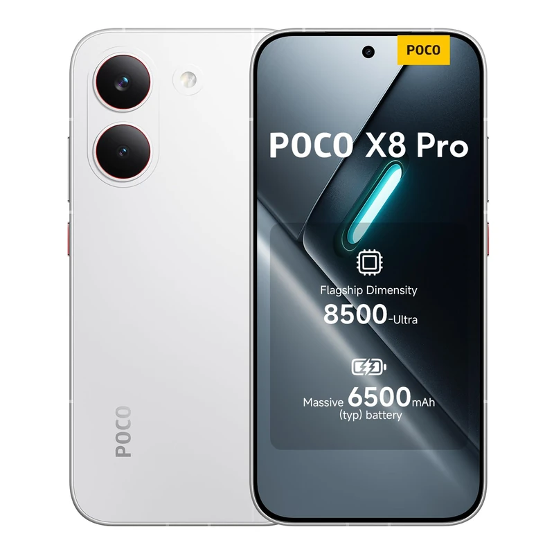 POCO X8 Pro, Smartphone 12+512 GB, Flagship Dimensity 8500-Ultra, 6500mAh (typ) battery, ultra-bright AMOLED display, 50MP Sony IMX882 with OIS, White, 1 year extra warranty, Charger Not Included