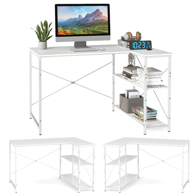 CASART L-Shaped Corner Desk, Wooden Computer Desk with Shelves, Reversible PC Laptop Table Writing Desk for Home Office (White, 118 x 86 x 74cm)