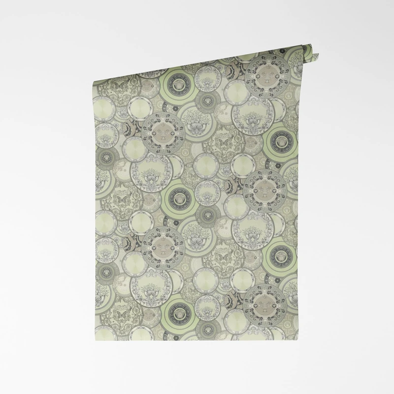 A.S. Création VERSACE VI Art De La Table 791362 Non-Woven Wallpaper - Baroque Blackboard Art Motifs, Porcelain Decor with Medusa Head, Vinyl Surface, Baroque Wallpaper, Design, 10.05 m x 0.70 m, Green