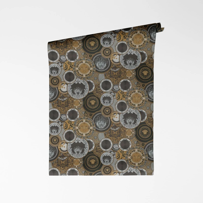 A.S. Création Versace VI Art De La Table Non-Woven Wallpaper - Baroque Blackboard Art Motifs, Porcelain Decor with Medusa Head, Vinyl Surface, Baroque Wallpaper, Design, 10.05 m x 0.70 m, Black/Gold - Image 1