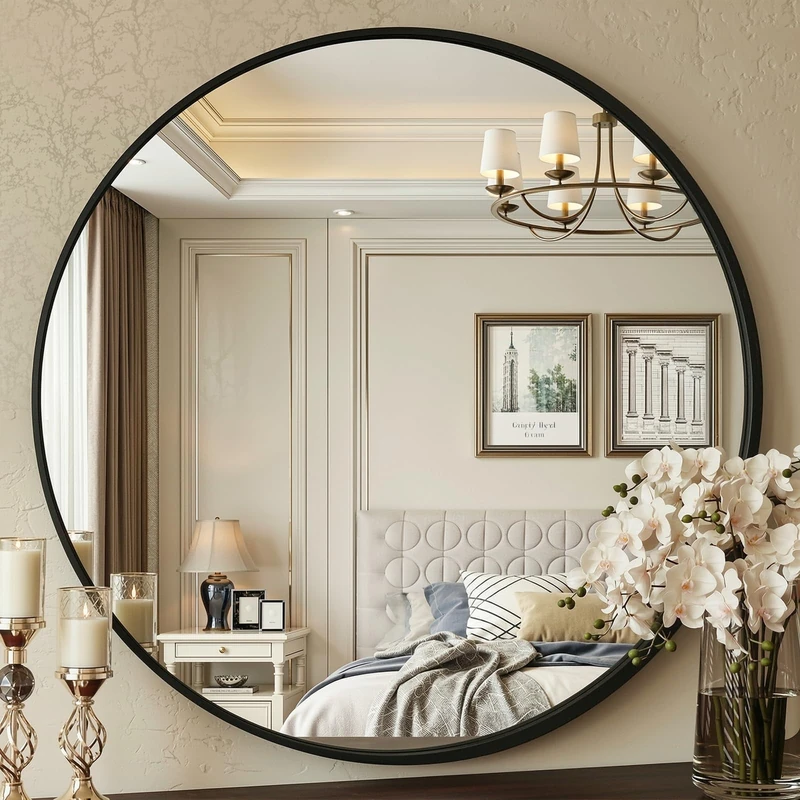 Clevich Round Wall Mirror 90cm, Black Framed Circle Mirror with Tempered Safety Glass, large Decorative Hanging Vanity Mirror for Wall, Hallway, Bathroom, Living Room & Bedroom Decor