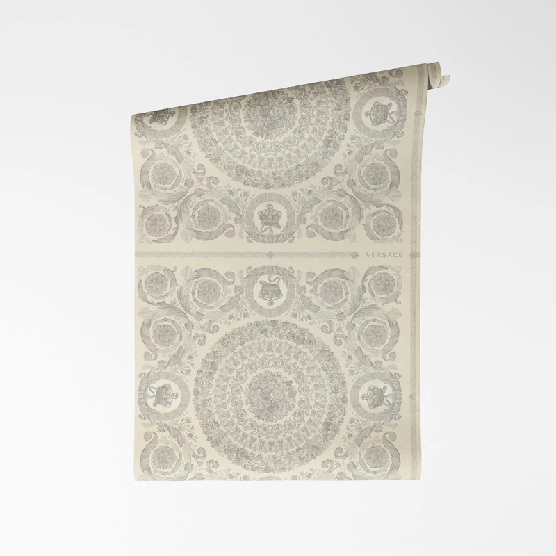 A.S. Création Versace VI Heritage Non-Woven Wallpaper - Baroque Motifs with Medusa Logo, Vines & Acantus, Vinyl Surface, Baroque Wallpaper, Geometric Wallpaper, 10.05 m x 0.70 m, White/Grey - 791342 - Image 1