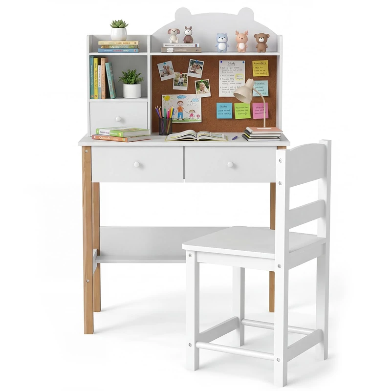 GYMAX Kids Desk and Chair Set, Children Writing Table with Drawers, Storage Hutch, Cork Board and Bottom Shelf, Wooden Study Desk Set for 3 Years Old+ Boys Girls, 70x34x110cm (White) - Image 1