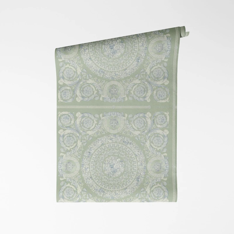 A.S. Création Versace VI Heritage Non-Woven Wallpaper - Baroque Motifs with Medusa Logo, Vines & Acantus, Vinyl Surface, Baroque Wallpaper, Geometric Wallpaper, 10.05 m x 0.70 m, Green/White - 791343 - Image 1