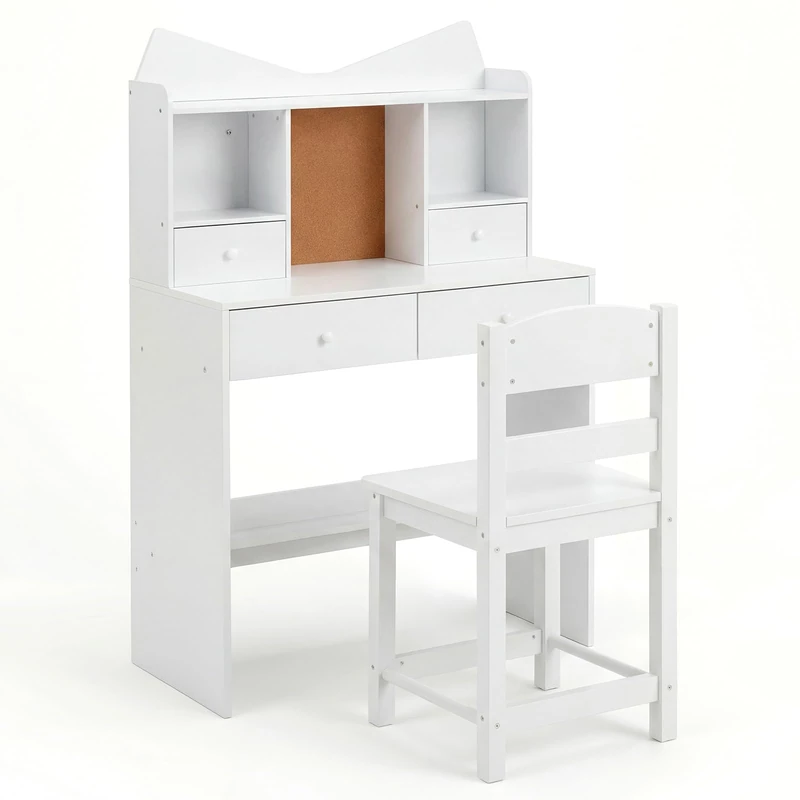 GYMAX Kids Desk and Chair Set, Children Writing Table with 4 Drawers, Storage Hutch, Cork Board and Bottom Shelf, Wooden Study Desk Set for 3 Years Old+, 70x34x110.5cm (White) - Image 1