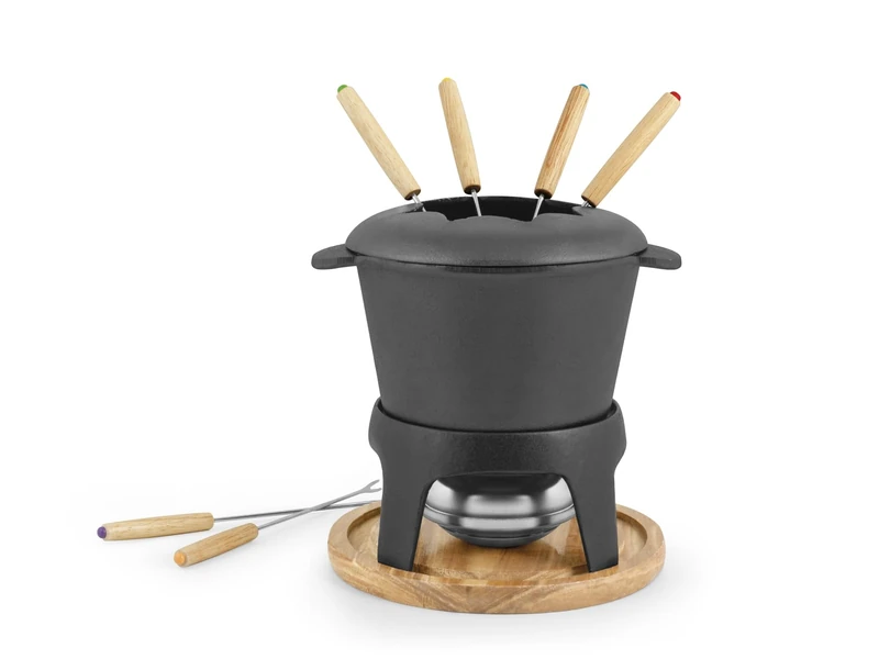 H&H Fondue Set 11 Pieces in Black Enameled Cast Iron with Light Wood Base – Complete with Casserole, Pedestal, Forks and Fuel Paste Cooker - Image 1