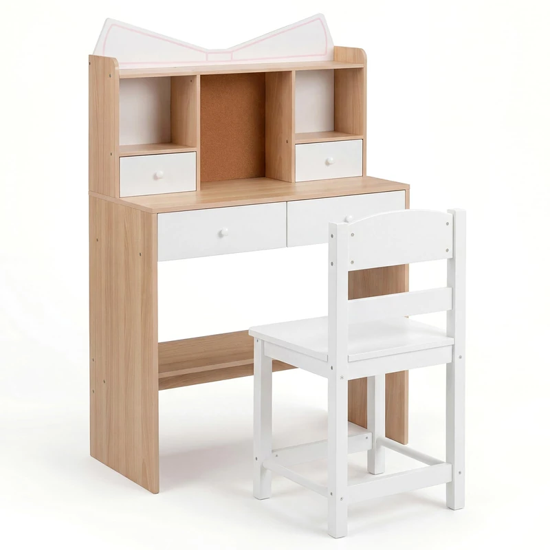 GYMAX Kids Desk and Chair Set, Children Writing Table with 4 Drawers, Storage Hutch, Cork Board and Bottom Shelf, Wooden Study Desk Set for 3 Years Old+, 70x34x110.5cm (Natural + White) - Image 1