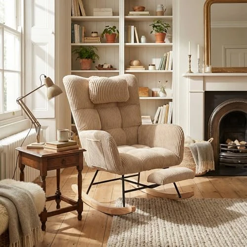 39F Furniture Dream Rocking Chair with Adjustable Footrest and Headrest, Comfortable Lounge Armchair for Living Room, Brown Corduroy Fabric, Wooden Legs, Side Pocket Storage, 65x90x92cm