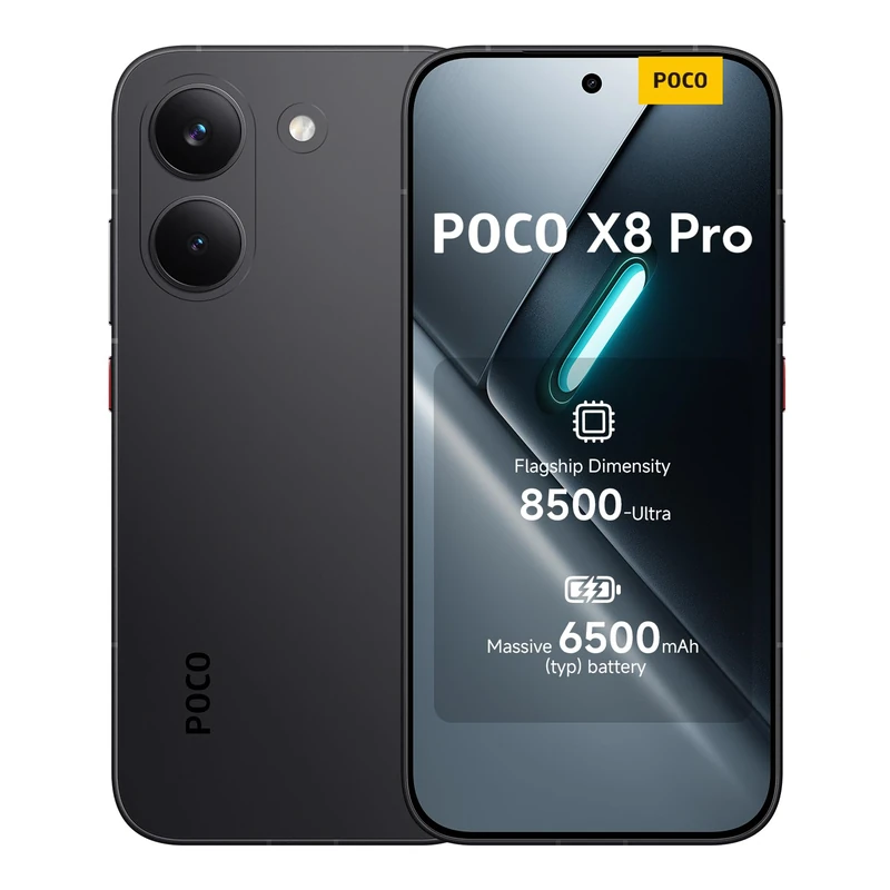 POCO X8 Pro, Smartphone 8+256 GB, Flagship Dimensity 8500-Ultra, 6500mAh (typ) battery, ultra-bright AMOLED display, 50MP Sony IMX882 with OIS, Black, 1 year extra warranty, Charger Not Included