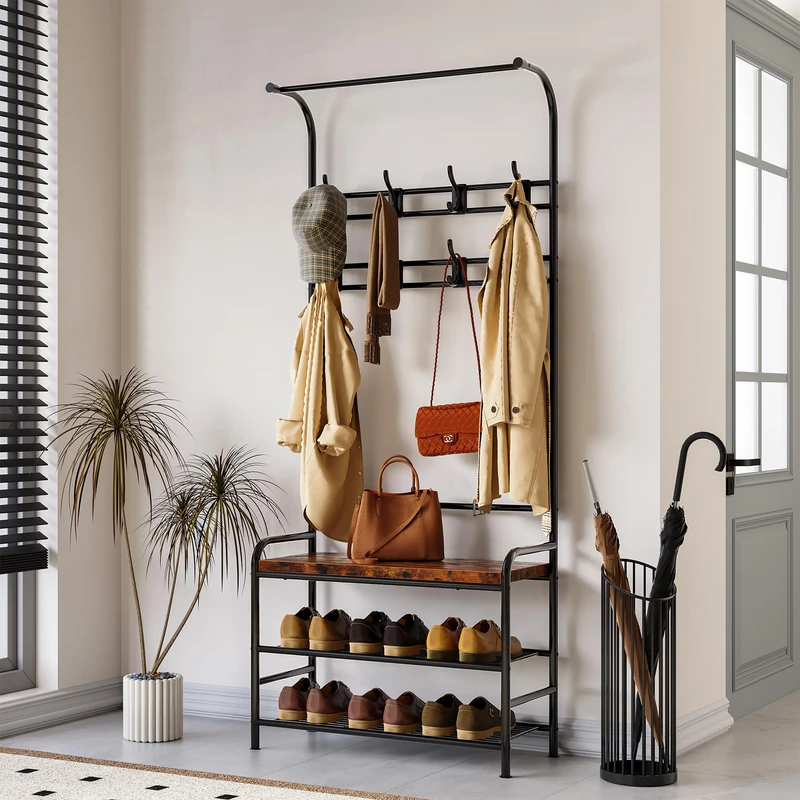 GarveeHome Coat Rack, 180cm Coat Stand, Industrial Freestanding Hall Tree with 8 Hooks & Bench & Shoe Storage, Metal Frame Clothes Rack for Hallway Living Room Bedroom 60 x 30 x 180cm
