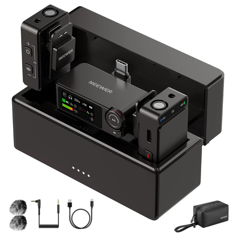 NEEWER CM36 Pro Wireless Tie Microphone, Micro USB C 48kHz 24/32bit Floating 85dB SNR AI Noise Reduction Low Cut 8GB Stock Battery 54h 2.4G Range 100m 3.5mm Monitoring Mono Stereo Ms
