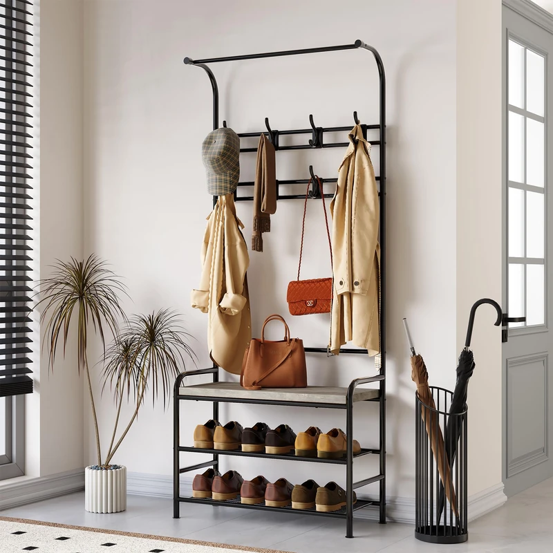 GarveeHome Coat Rack, 180cm Coat Stand, Industrial Freestanding Hall Tree with 8 Hooks & Bench & Shoe Storage, Metal Frame Clothes Rack for Hallway Living Room Bedroom 60 x 30 x 180cm