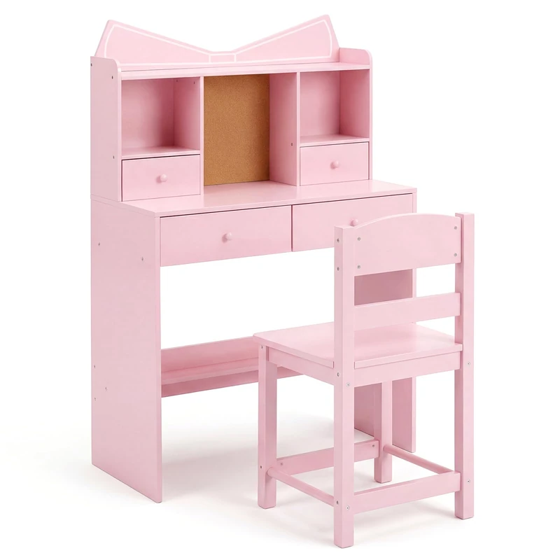 GYMAX Kids Desk and Chair Set, Children Writing Table with 4 Drawers, Storage Hutch, Cork Board and Bottom Shelf, Wooden Study Desk Set for 3 Years Old+, 70x34x110.5cm (Pink)