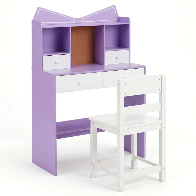 GYMAX Kids Desk and Chair Set, Children Writing Table with 4 Drawers, Storage Hutch, Cork Board and Bottom Shelf, Wooden Study Desk Set for 3 Years Old+, 70x34x110.5cm (Purple + White) - Image 1