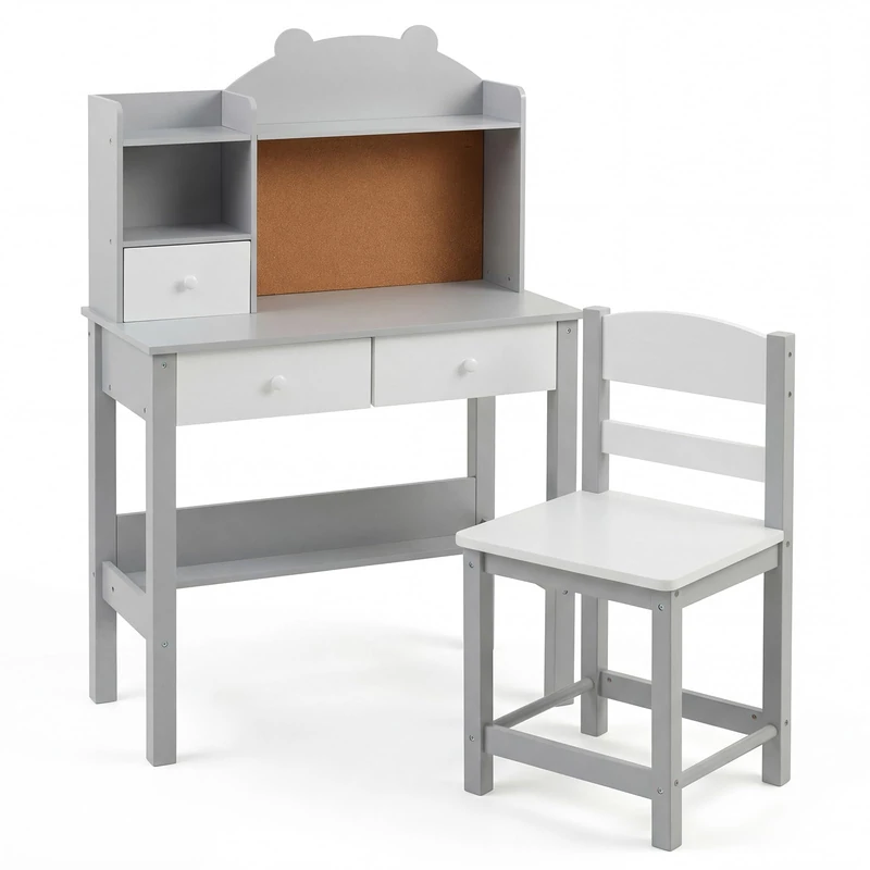 GYMAX Kids Desk and Chair Set, Children Writing Table with Drawers, Storage Hutch, Cork Board and Bottom Shelf, Wooden Study Desk Set for 3 Years Old+ Boys Girls, 70x34x110cm (Grey) - Image 1