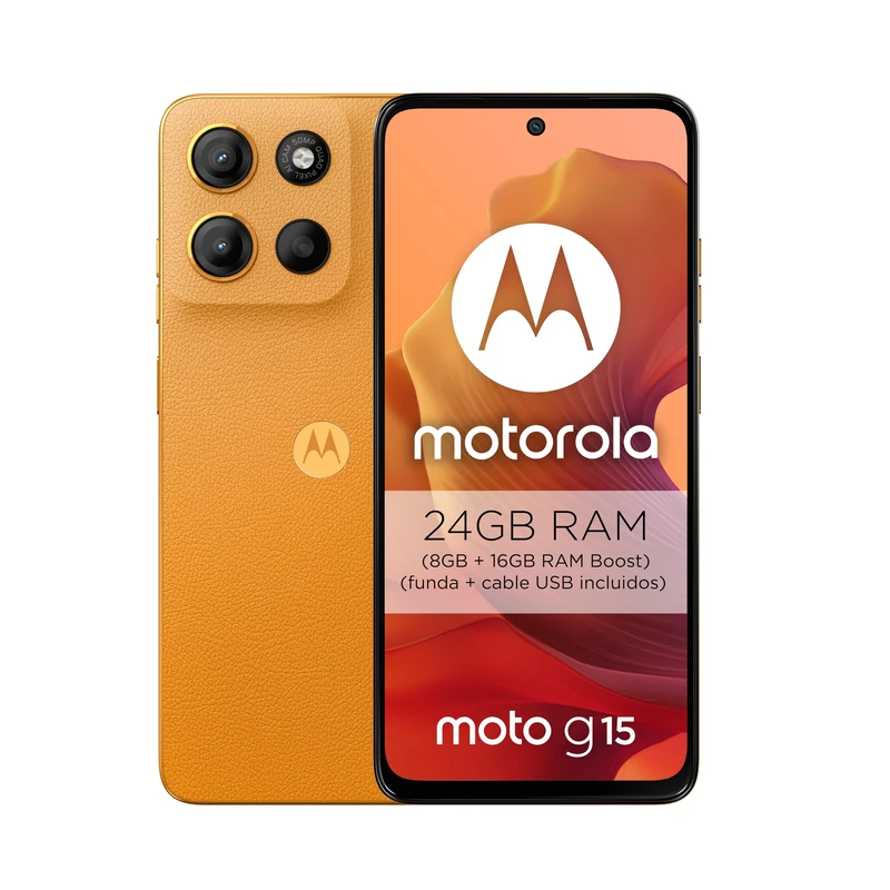 Motorola Moto g15 24GB (8G+16GB RAM Boost)/128GB Orange, Spain, 6.72'' FHD+ Display, 50MP Camera System and Ultra Wide Lens 5100mAh Battery, TurboPower Charging, Soft Luxe