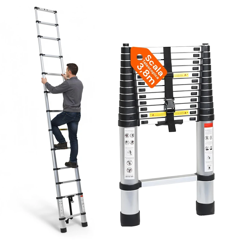 Avilia - Telescopic Ladder in Stainless Steel 3.8 m 13 Steps Folding Ladder for Home and Work Extendible Space-Saving Ladder with Safety Lock