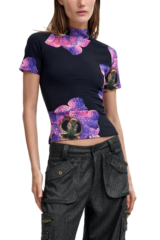 Desigual Orchid Large Purple Flower Ribbed Short Sleeve Top 26WWTK04