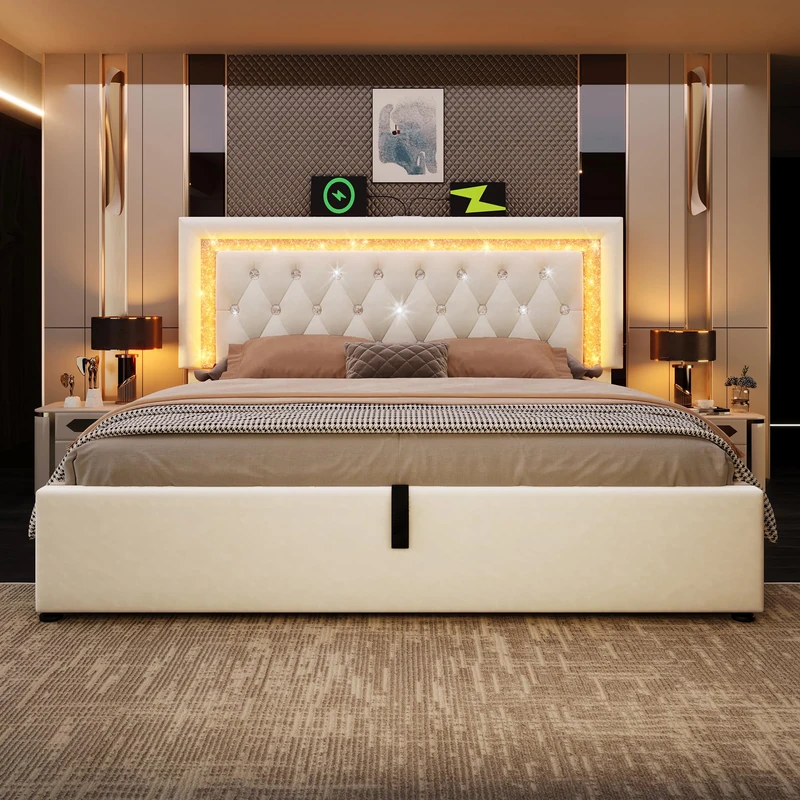 Ball & Cast Upholstered Bed 135 x 190 cm with LED Lighting, USB Type-C Charging, Storage Headboard for Cellphones and Tablets, 4ft6 Hydraulic Storage Bed with Metal Slatted Frame, Beige (No Mattress)