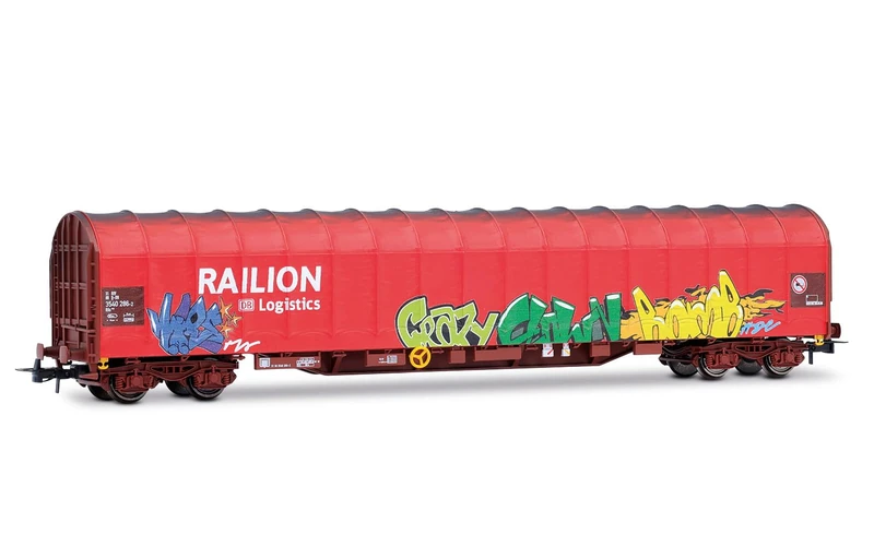 Rivarossi HR6680 DB AG, 4-axle tarpaulin wagon Rils type, red livery "RAILION DB LOGISTICS" with graffiti, ep. V-VI Rolling Stock - Wagons