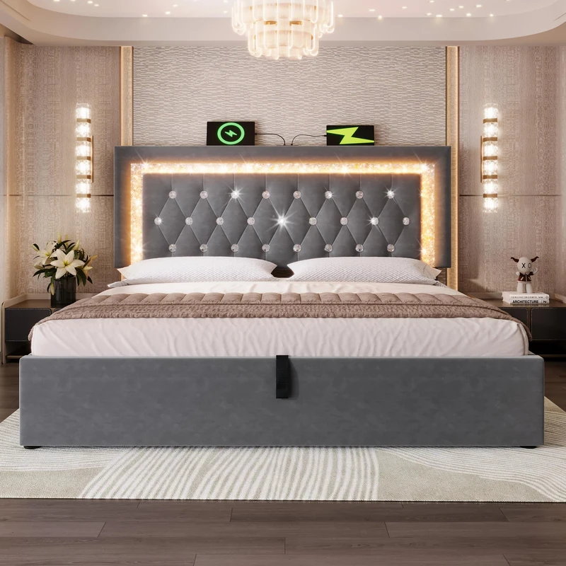 Ball & Cast Upholstered Bed 135 x 190 cm with LED Lighting, USB Type-C Charging, Storage Headboard for Cellphones and Tablets, 4ft6 Hydraulic Storage Bed with Metal Slatted Frame, Grey (No Mattress)