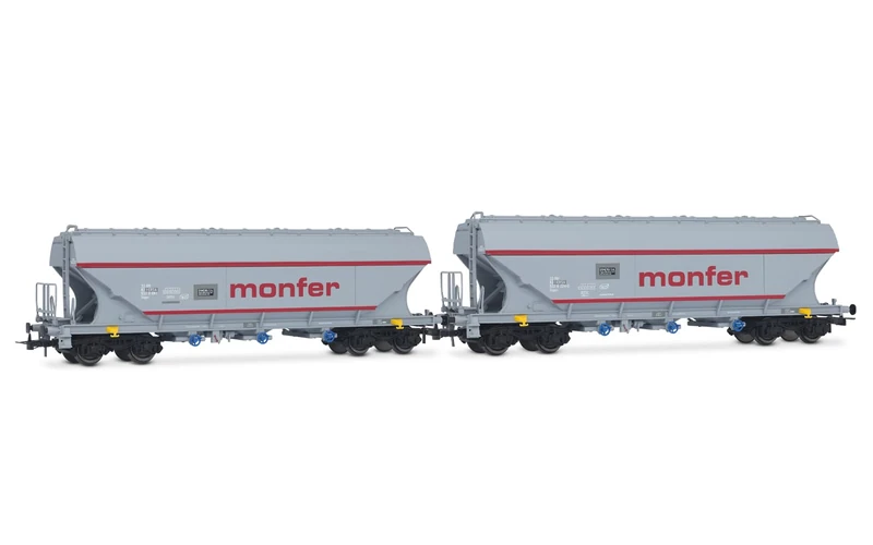 Rivarossi HR6677 I-ERSA, 2-unit pack flat-sided cereal hoppers, MONFER, grey, new inscriptions, ep. VI Rolling Stock - Wagons - Image 1