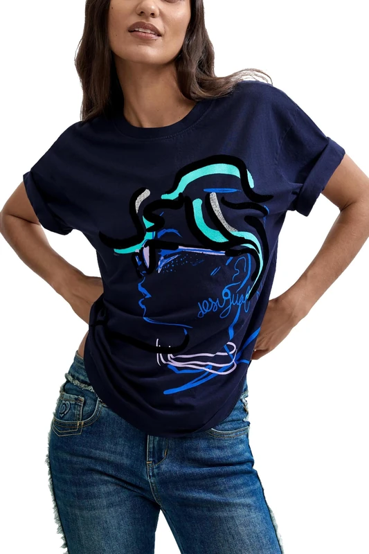 Desigual TS_Face Women's T-Shirt, Blue, S