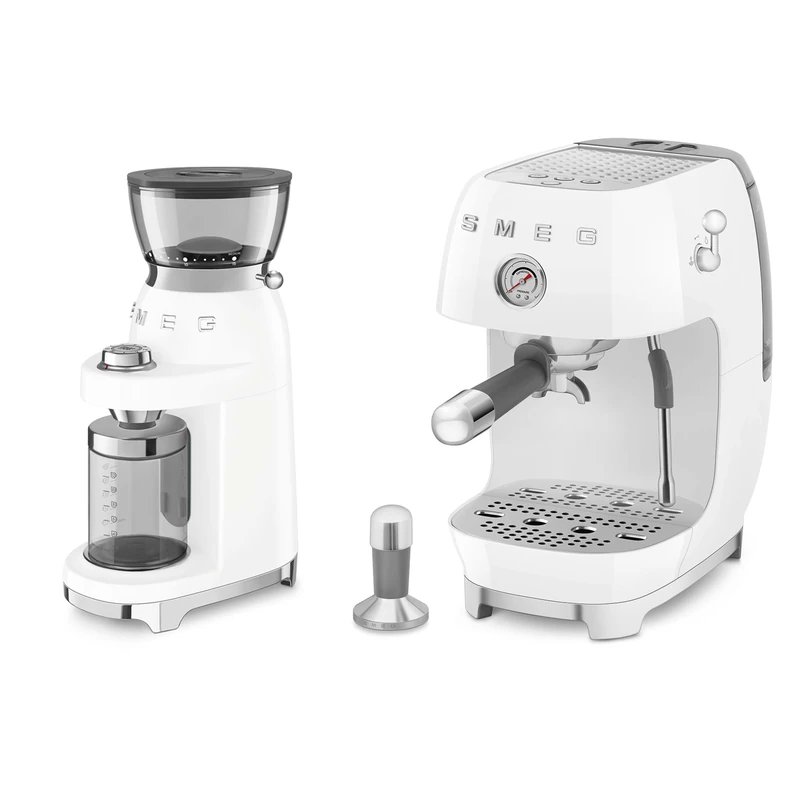 Smeg 50's Style Electric Coffee Grinder and 50’s Style Espresso Coffee Machine with Cold Brew Function White CGF03WHUK / ECF03WHUK
