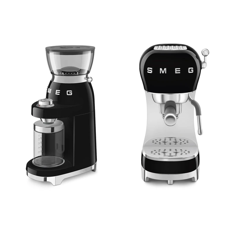 Smeg 50s Style Espresso Coffee Machine and 50's Style Electric Coffee Grinder Black CGF03BLUK / ECF02BLUK