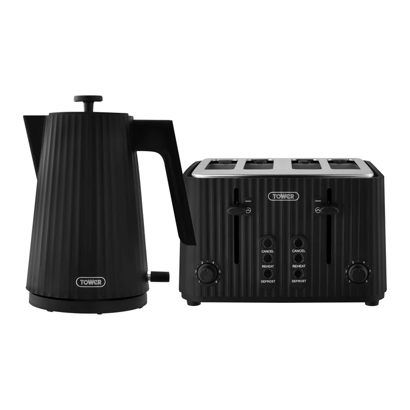 Tower EcoForm 1.7L Rapid Boil Kettle with 360° Swivel Base & 4-Slice Toaster Set with 6 Browning Levels, Black, T10105BLK & T20103BLK