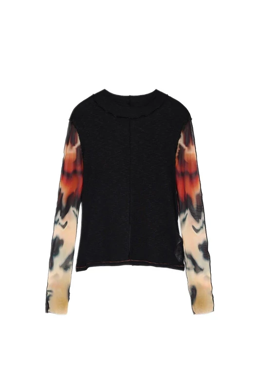 Desigual Estocolmo Long Sleeve Black Mesh Top with Contrast Abstract Arms 26WWTK41