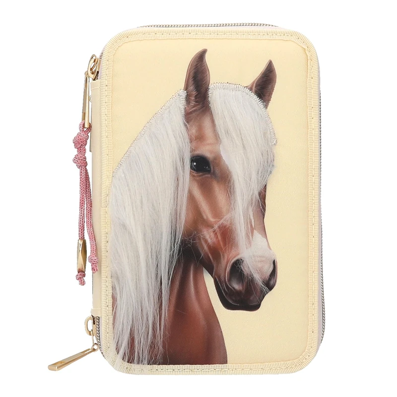 Depesche 13975 Miss Melody - Filled 3-Compartment Pencil Case in Light Yellow, with Horse Motif and Applied Mane, Pencil Case with Coloured Pencils, Scissors, Ruler and Much More
