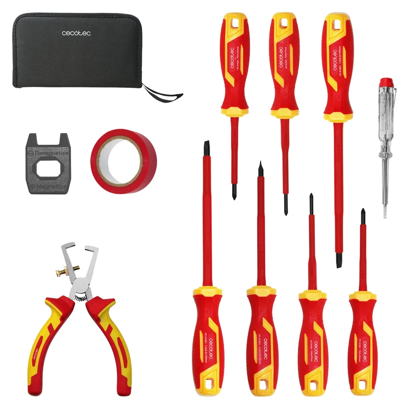Cecotec HardGyro 12 SafeVolt Magnetic Insulated Screwdrivers and Pliers Set, 1000V Insulated, VDE GS Certificated, CR-V Steel, Includes Wire Stripper, Magnetizer, Cercapolo and Insulation Tape, Safety