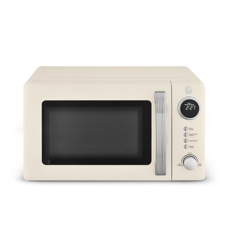 Swan Retro 20L Digital Microwave, 5 Power Levels, 12 Auto Cook Pre-sets, Defrost by Weight or Time, LED Display, 800W, Chantilly Cream, SM4425CRM