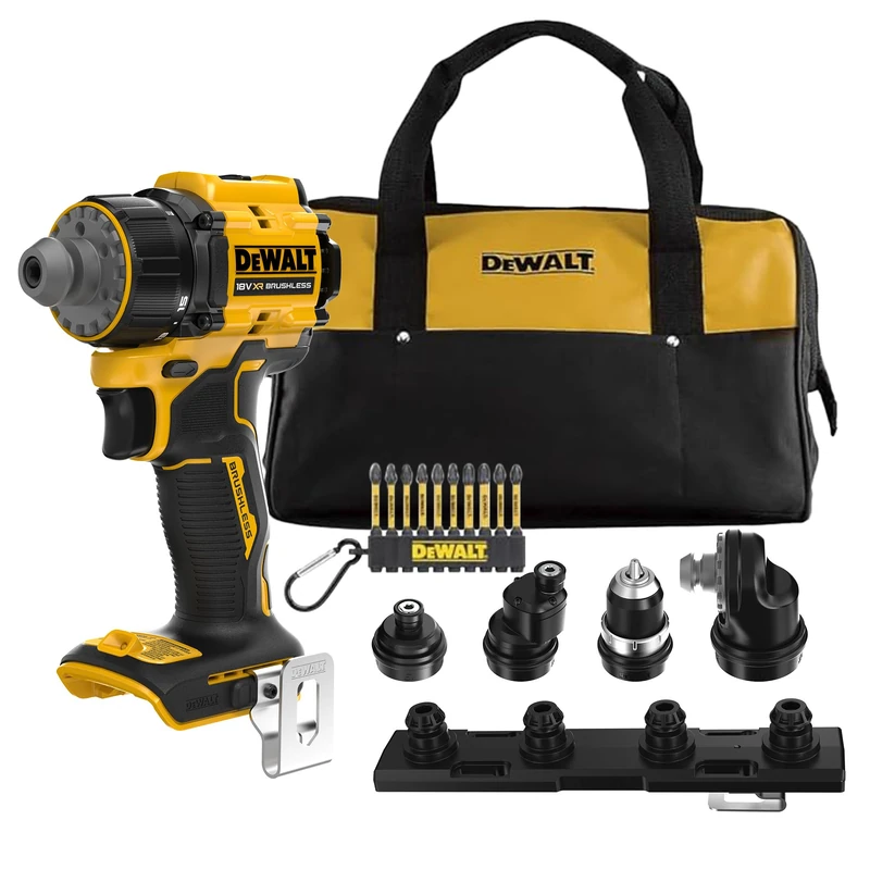 DEWALT 18V XR Multi-Head Drill Driver with 4 Interchangeable Heads with Soft Storage Bag and 10 pc 57mm PH & PZ FLEXTORQ Screwdriving Keyring Set -Tool Only - Without Batteries, DCD803KN-XJ